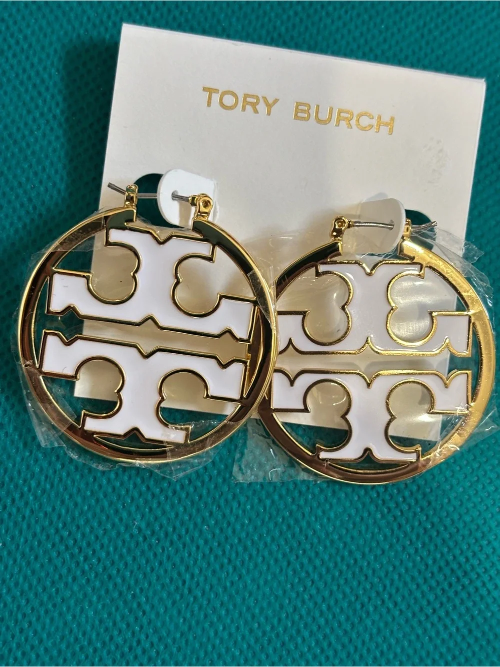 Tory Burch Gold and White Round Logo Drop Earrings